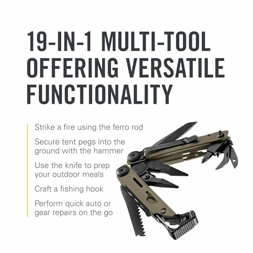 Image of a 19-in-1 multi-tool with versatile functionality, including features like ferro rod, hammer, knife, fishing hook, and quick auto or gear repair tools.
