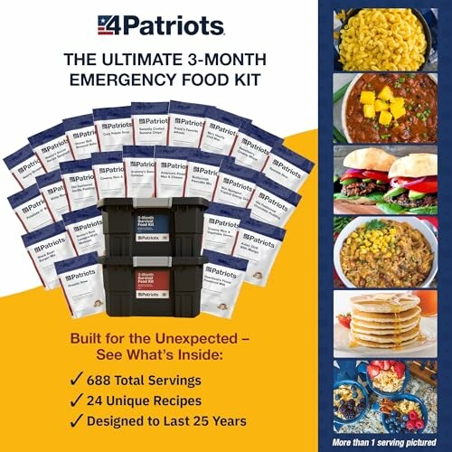 4Patriots 3-month emergency food kit with servings and recipes.