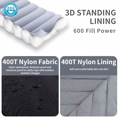 3D standing lining with 400T nylon fabric and lining, 600 fill power.