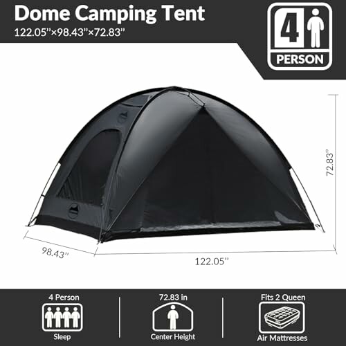 Black dome camping tent for four people with dimensions 122.05 x 98.43 x 72.83 inches.