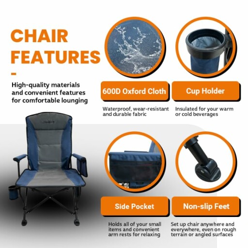 Heated camping chair with a person sitting comfortably, with a cup holder and storage pockets visible.