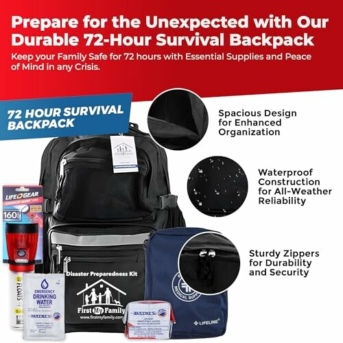 72-hour survival backpack with essential supplies and features like spacious design, waterproof construction, and sturdy zippers.