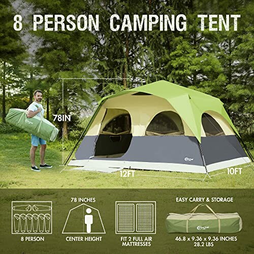 8 person camping tent with dimensions and storage features.