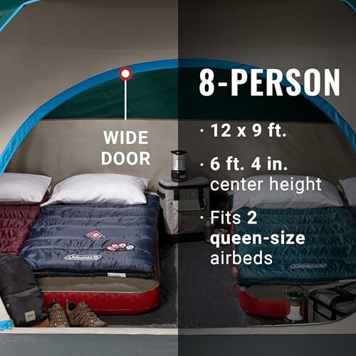 Interior of an 8-person tent with two queen-size airbeds.