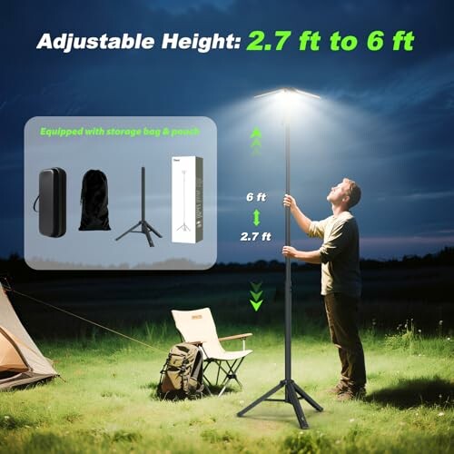 Person adjusting a tripod light from 2.7 ft to 6 ft outdoors.