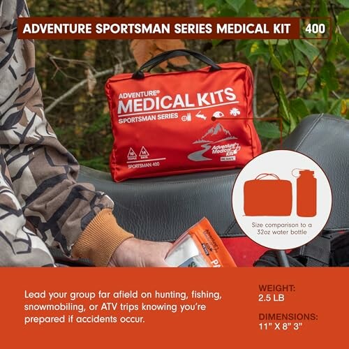 Adventure Medical Kits Sportsman Series Medical Kit 400 with comparison to a 32oz water bottle.