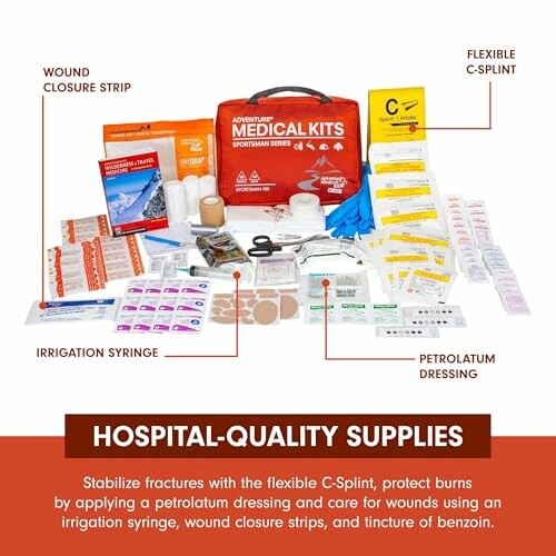 Adventure Medical Kits with various first aid supplies including C-Splint, wound closure strips, and petrolatum dressing.