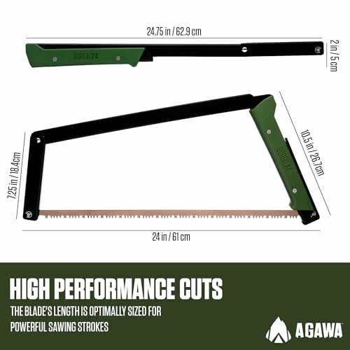 High performance saw with dimensions and green handle.