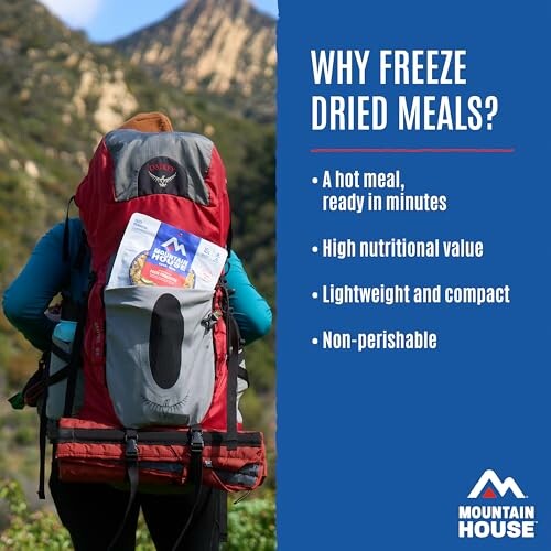 Backpacker carrying a red backpack with freeze dried meals and text highlighting benefits.