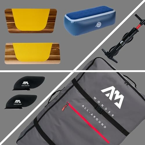 Balance boards, pump, and carrying bag on a gray background.