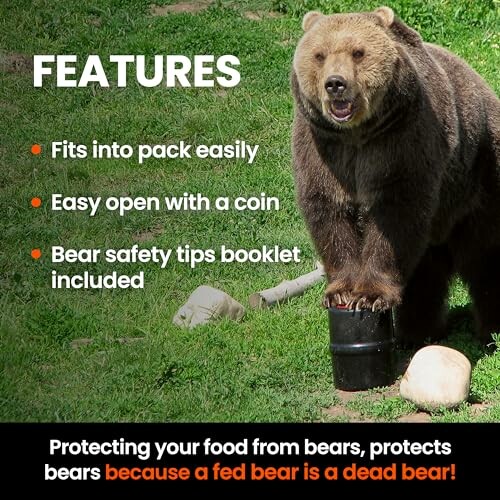 Bear standing on a container with text about protecting food from bears.