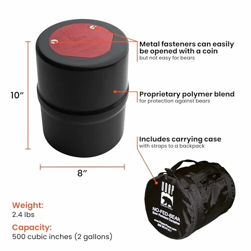 Bear-proof food container with metal fasteners and carrying case.