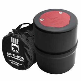 Bear resistant container with carrying pouch.