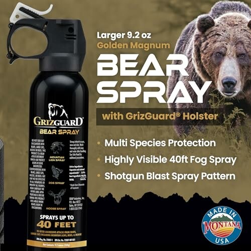 Bear spray canister with grizzly bear and product features.