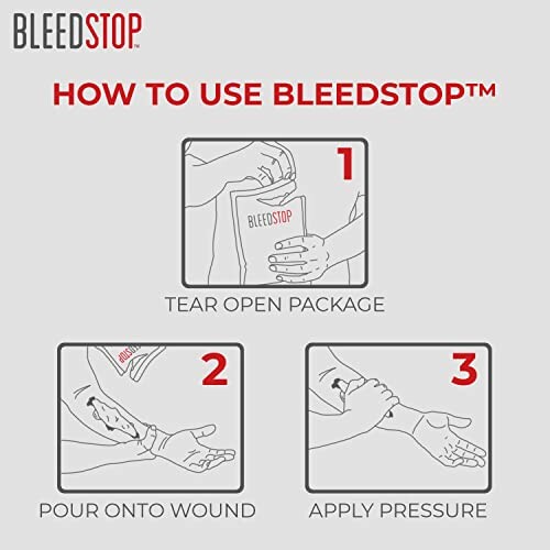 Steps to use BleedStop: Tear open package, pour onto wound, apply pressure.