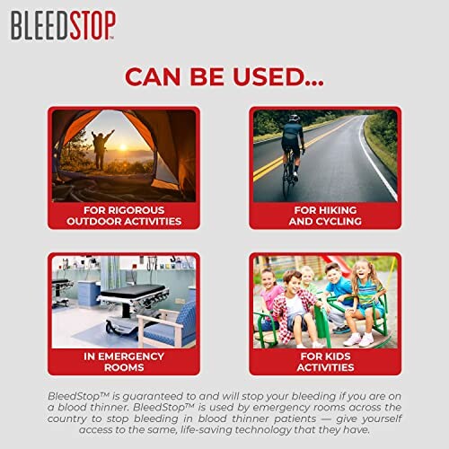 Image showing various uses for BleedStop in outdoor activities, hiking, emergency rooms, and kids' activities.