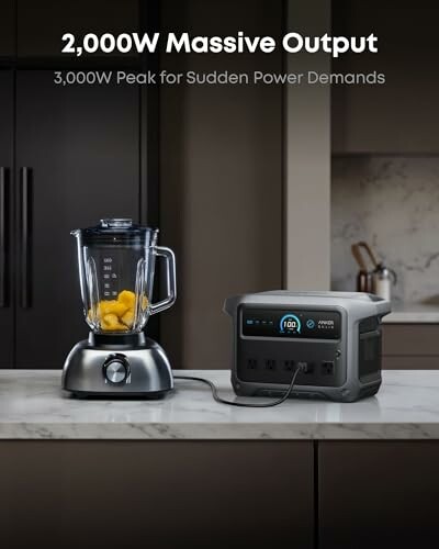 Blender and power station on a kitchen countertop.