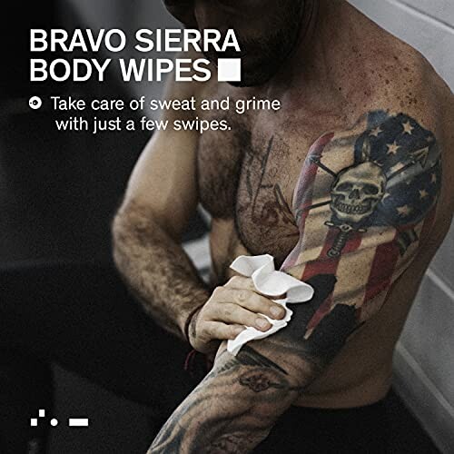 Person using Bravo Sierra body wipes on tattooed arm.