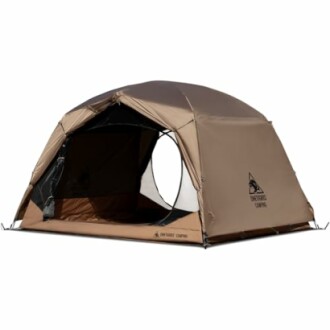 Brown camping tent with open entrance.