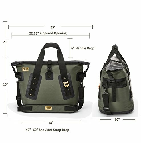 Built cooler bag with dimensions and features shown.