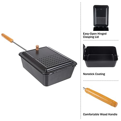 Campfire popcorn popper with easy-open lid and wood handle