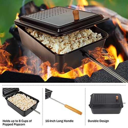 Campfire popcorn popper with long handle, showing popped popcorn and durable design