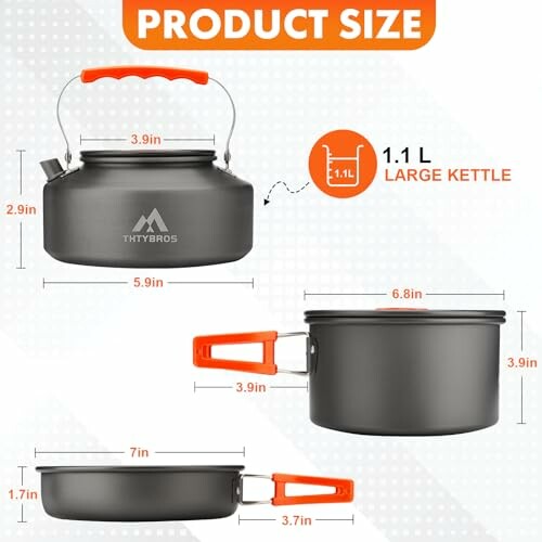 Dimensions of camping kettle, pot, and pan with orange handles.