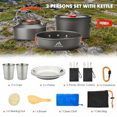 Camping cookware set with kettle for two persons including pots, cups, plates, cutlery, cleaning tools, shovel, clean cloth, and carry bag.
