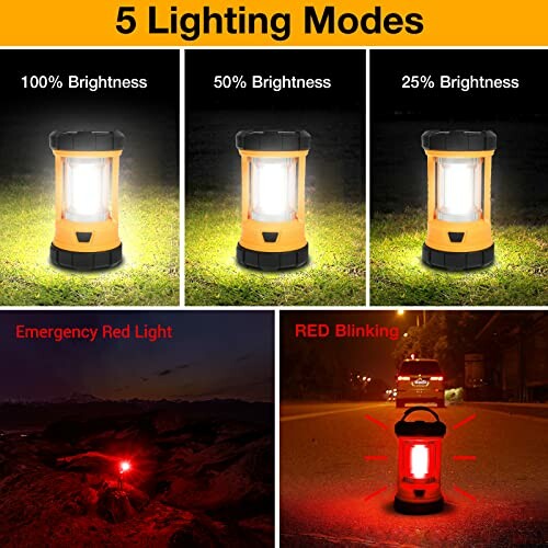 Camping lantern with 5 lighting modes including various brightness levels and red emergency lights.