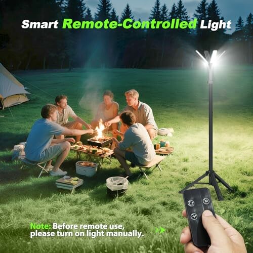 Group camping with remote-controlled light and fire pit.