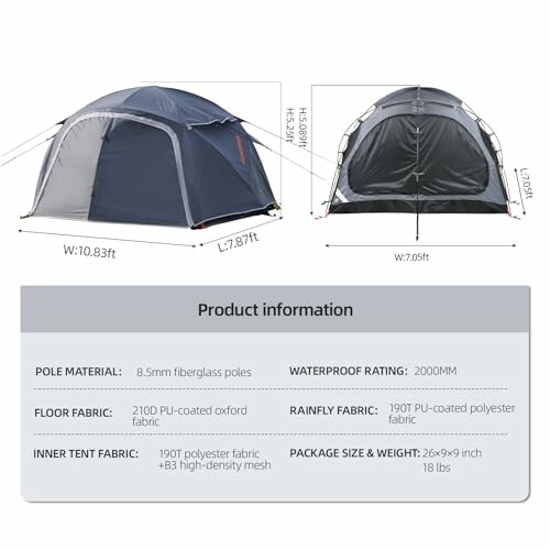 Camping tent with dimensions and product information.