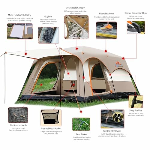 Image showing detailed features of a camping tent including detachable canopy, fiberglass poles, and no-see-um mesh.