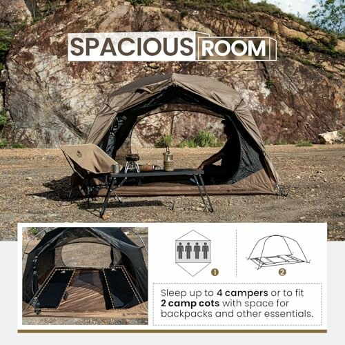 Spacious camping tent with setup for up to 4 campers or 2 camp cots.