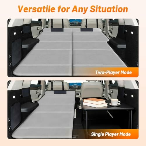 Car backseat bed setup in two configurations: sleeping mode and single mode with a table.