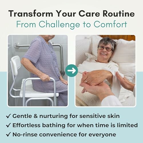 Elderly care routine with bathing aid and assisted hand care.