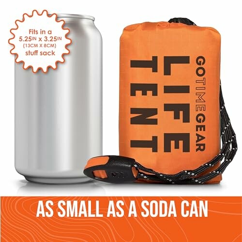 Compact orange tent compared to a soda can size.