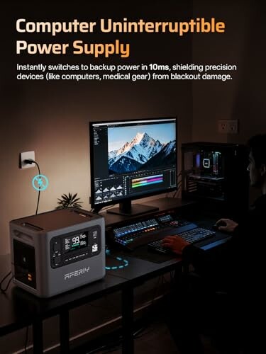 Uninterruptible power supply setup for computer with digital display and connected devices.