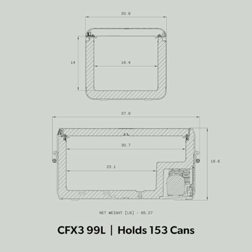 Technical diagram showing dimensions of a cooler model CFX3 99L, holds 153 cans.