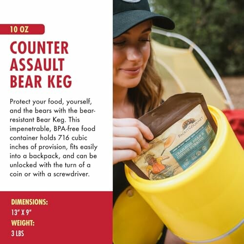 Woman placing food in a bear-resistant keg while camping.