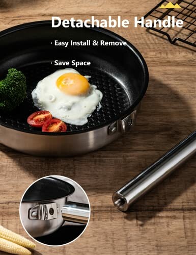 Frying pan with detachable handle, cooking egg and vegetables.