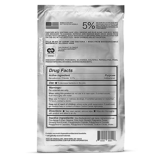 Back view of antibacterial towelette packaging showing drug facts and ingredients.