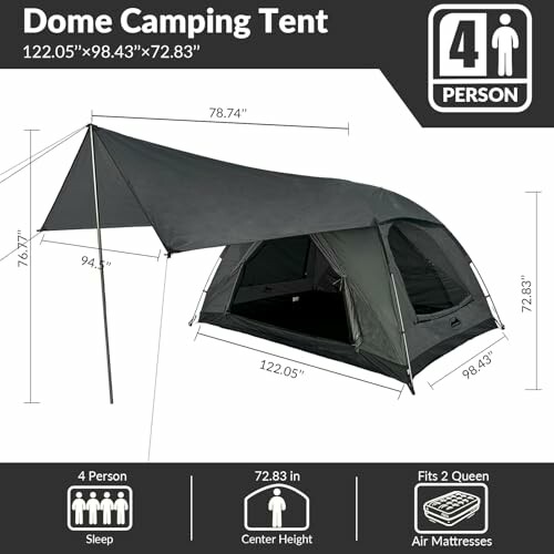 Dome camping tent dimensions and features, suitable for 4 people.