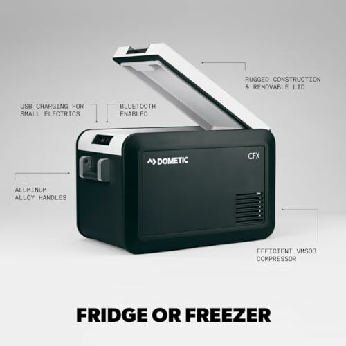 Dometic CFX fridge or freezer with features highlighted, including Bluetooth and USB charging.