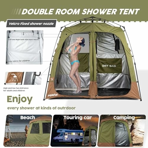Double room shower tent with images of outdoor use at beach, touring car, and camping.