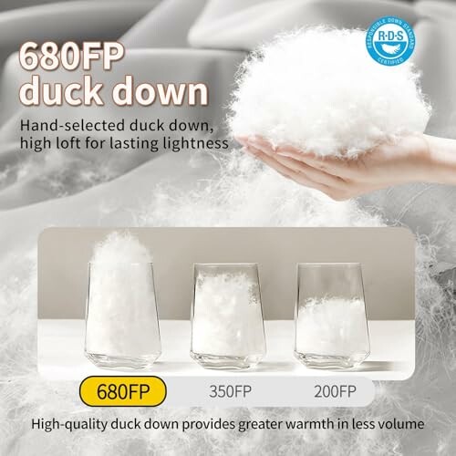 680FP duck down comparison with 350FP and 200FP in glasses.