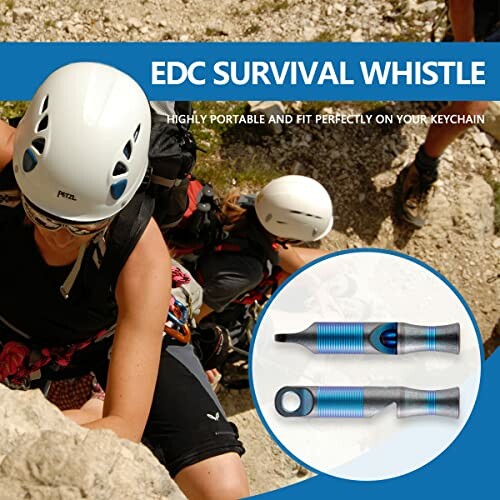 Climbers wearing helmets with EDC survival whistle.