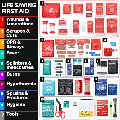 Contents of a life-saving first aid kit, organized by category.