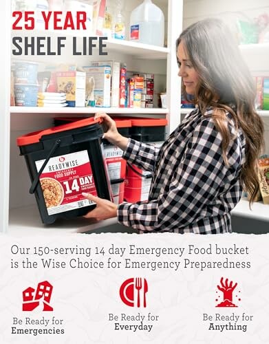 Woman storing emergency food supply buckets on shelves.