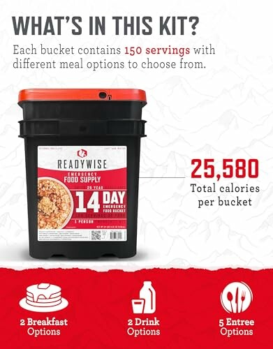 Emergency food supply kit with 150 servings and 25,580 total calories.