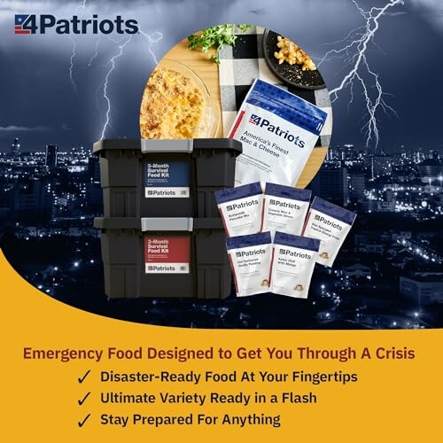 Emergency food supply kit with various meals and storage containers.